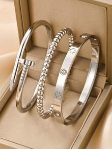 1/3pcs European & American Ins Style Silver Nail Studded Rhinestone Bracelet Set, Hypoallergenic, Non-Fading, Versatile Hand Jewelry For Daily Layering And Commuting - Silver - View 2