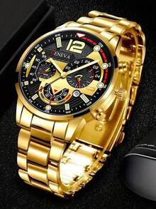 Bộ 4 món thời trang nam gồm đồng hồ thạch anh, vòng tay kiểu Cuban Link mới, mặt dây chuyền chữ A và nhẫn, phong cách Hip-Hop, món quà tuyệt vời. - Vàng - Xem 6