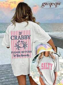 Camiseta Oversized con Estampado Gráfico "If Crabby Please Return To The Beach" para Mujer, Top Casual Beige de Verano, Ropa de Playa para Mujer, Ropa de Verano a la Moda, Camisetas con Estampado Costero - Gris Claro - Ver 6