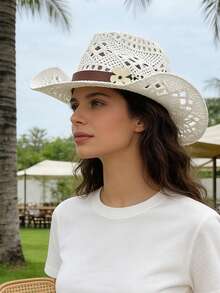 1pc Bohemian Solid Color Beaded Hollow Panama Straw Hat, Casual UV Protection Decorative Sun Hat, Fashion Versatile, Suitable For Outdoor Activities, All Seasons - Panama Straw Hat - View 18