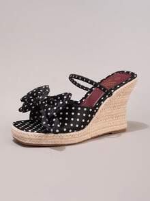 Giày sandal đế xuồng buộc dây nơ, họa tiết chấm bi, dép lê hở mũi đế dày thoải mái cho kỳ nghỉ hè, giày thời trang hàng ngày cho nữ. - màu đen - Xem 19