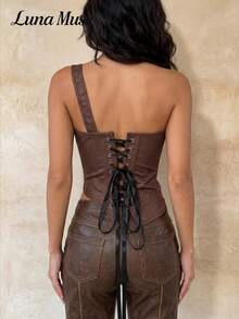 Áo corset lệch vai phong cách retro vintage mới của Luna Muse dành cho nữ, kiểu dáng Y2K gợi cảm, áo crop top lệch vai, áo thời trang cao cấp cá tính và sành điệu, hoàn hảo cho mặc hàng ngày, dạo phố, dự tiệc, du lịch, hẹn hò, thời trang đường phố, lễ hội, hòa nhạc, Ngày Valentine, Ngày của Mẹ, mùa tốt nghiệp, Coachella, tựu trường, phong cách Punk, phong cách miền Tây. - Cà phê nâu - Xem 5