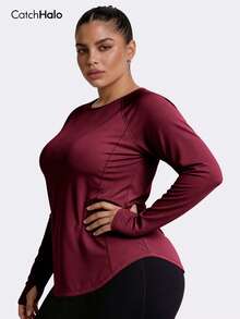 Camiseta deportiva de manga larga con agujero para el pulgar para mujer de talla grande, unicolor burdeos, parte superior deportiva de talla grande con cuello redondo y mangas raglán, ropa deportiva casual de uso diario para todo el año - Burdeos - Ver 7