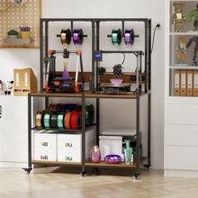 Double Metal 3D Printer Stand With Filament Storage, T-Shaped Filament Holder, And Locking Casters. Mobile Or Stationary Workbench For Two 3D Printers, Ideal For Home And Workshop Use. - Black - View 2