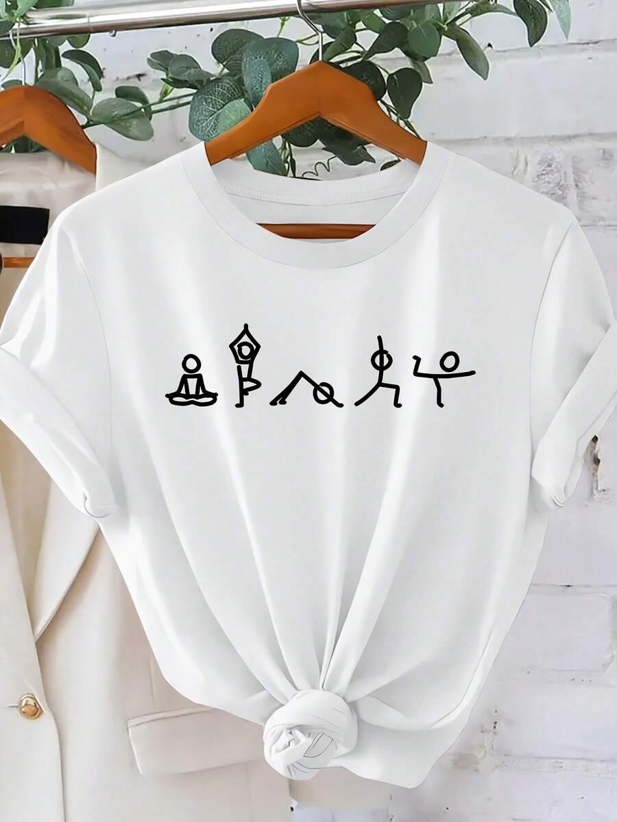 [Camiseta gráfica de yoga] Camiseta de yoga de mujer | Gráfico de dibujos animados | Crescent Moon & Sun | Cuello de tulación | Manga corta | Medio estiramiento | Confort de toda la tempor | Vacaciones Casual
