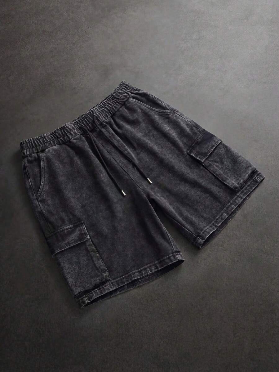 Pantalones cortos casuales lavados con bolsillos para hombres en verano - Negro - Ver 1