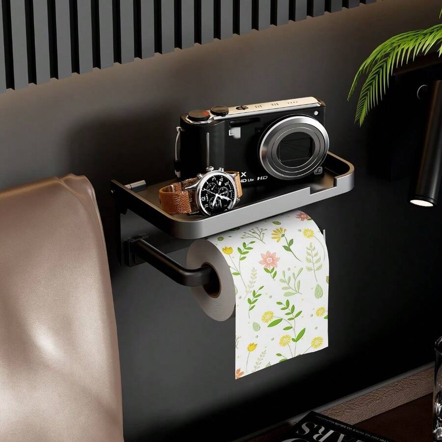 1pc Modern Minimalist Foldable Paper Towel Holder, Waterproof & Rust-Resistant Material, With Storage Tray, No Drilling Required, Strong Load-Bearing, Easy Installation, Suitable For Bathroom, RV And More, Space-Saving Accessory, Great Mother's Day Gift - Multicolor - View 1