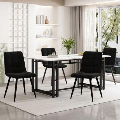 140x80cm Schwarz Esstisch Mit 4 Stühlen Set,Moderne Küche Esstisch Set, Schwarz Samt Esszimmerstühle, Schwarz Eisen Beintisch