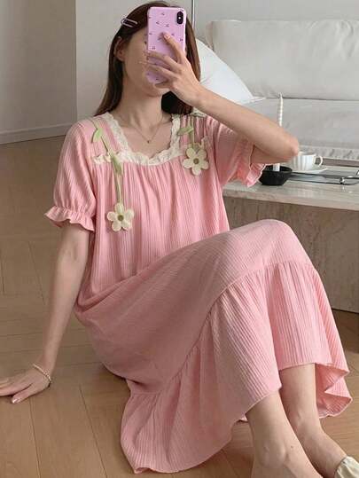 Women's Sleepwear Dress, Solid Color Square Neck Nightgown, Contrast Color Cute Cartoon Casual Sleepwear Dress, Suitable For Spring And Summer