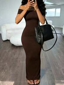 Vestido elegante de unicolor con hombros descubiertos y mangas cortas ajustado para mujer - Cafetería - Ver 3