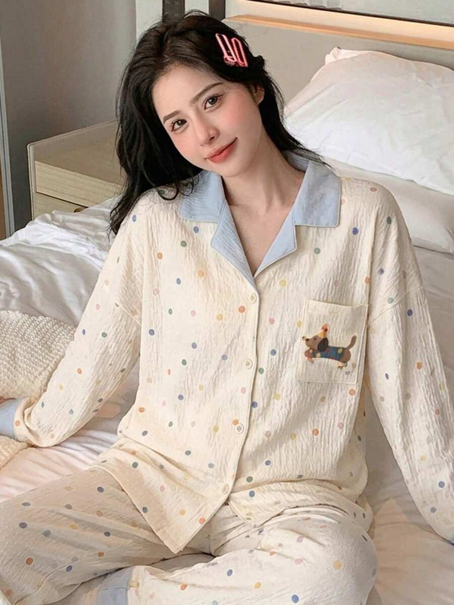 DAZY 2pcs Women Pajama Set, Colorful Polka Dot Print Long Sleeve Lapel Cardigan Top With Pocket, Cartoon Dog Pattern, Polka Dot Print Pants, Comfortable & Fashionable, Suitable For Spring, Autumn, Winter Home & Leisure Wear - Multicolor - View 1