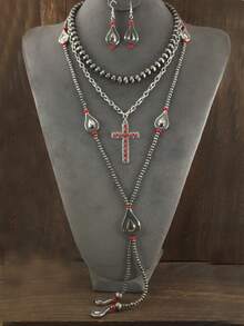 西部乡村风格 CCB 复古磨砂珍珠和仿绿松石串珠项链套装，复古多层串珠项链，波西米亚珍珠项链套装，珠宝礼品 - 復古銀色 - 查看 8