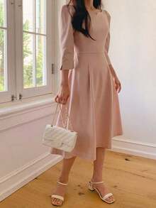 Vestido Formal de Oficina para Mujer, Cuello en V Cuadrado, Manga Abullonada, Cinturón en la Cintura, Vestido Midi Ajustado de Cintura Alta - Rosa - Ver 4