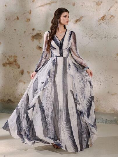 Women's Casual A-Line Long Dress, V-Neck Ruffle Design, Waist Cinched, Flared Hem, Long Sleeve, Woven Fabric Vacation