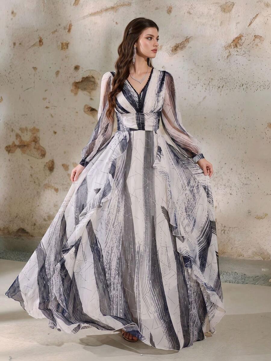 Women's Casual A-Line Long Dress, V-Neck Ruffle Design, Waist Cinched, Flared Hem, Long Sleeve, Woven Fabric Vacation - Multicolor - View 1