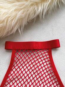 Conjunto de lencería de camisola y tanga de malla y parches sexy para mujeres - Rojo - Ver 5