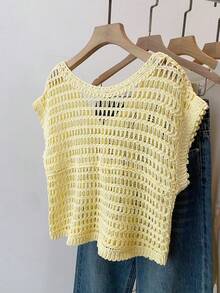 Áo thun móc len màu vàng trơn tay ngắn cổ chữ V cài một hàng khuy, kiểu dáng casual, thích hợp mặc mùa hè. - Màu vàng - Xem 4