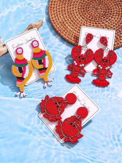 1 Pair Handmade Lobster, Crab, Seashell & Bead Dangle Earrings, Bohemian Summer Beach Style Accessories, Elegant Women's Summer Pendant Earrings, Suitable For Beach, Party, Music Festival, Vacation