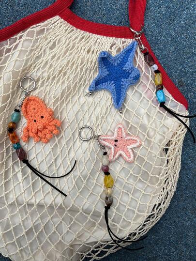 1pc Handmade Crochet Starfish & Octopus Keychain, Creative Beaded Bag Charm, Summer Beach Vacation Accessory Festival Graduation Teacher Appreciation Gifts Birthday Gift Mother Gifts Mothers Day Gift Holiday Essentials Graduation Gifts Beach Essentials Cute Key Ring Charms Accsesories Key Chain Beach Accessories
