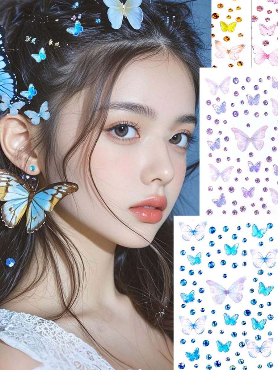5个/1个闪亮亚克力蝴蝶网发饰贴纸,仙女风水钻蝴蝶贴纸,透明3D蝴蝶自粘宝石,发饰饰品,适合节日、派对、角色扮演、DIY、舞会、旅行、生日等场合 - 彩色 - 查看 1
