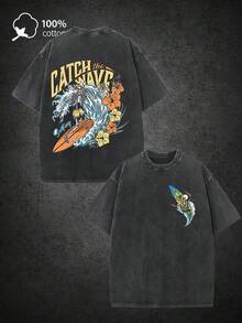 Summer ClothesSkull Surfing Men's 100% Cotton 220gsm Washed T-Shirt - Double-Sided Retro Street Style Print, Loose Fit Drop Shoulder Short Sleeve Tee For Summer Casual Wear, Relaxed Clothing, Vintage Aesthetic, Breathable Fabric, Printed Shirt, Streetwear Lovers, Casual Attire, Durable Material, Adult ClothingLoose And Comfortablesummer Tops - 黑色 - 查看 12
