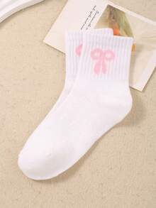 5/10 Pares Aleatórios de Meias com Padrão de Gravata Borboleta de Cor Sólida, Meias com Padrão Floral, Confortáveis, Respiráveis e Macias, Adequadas para Adolescentes, Presente para Crianças, Uso Diário, Todas as Estações - Multicolorido - Visão 4