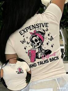 Women's Skull Print T-Shirt - An Avant-Garde Round-Neck Top Featuring A Butterfly And Star Pattern, With The Slogan "Expensive Talks Back," A Breathab - 杏色 - 查看 3