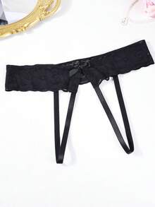 1pc Lace Hollow Sexy G-String Panties With Bow Tie, Low-Waist Seductive Lingerie - Black - View 10