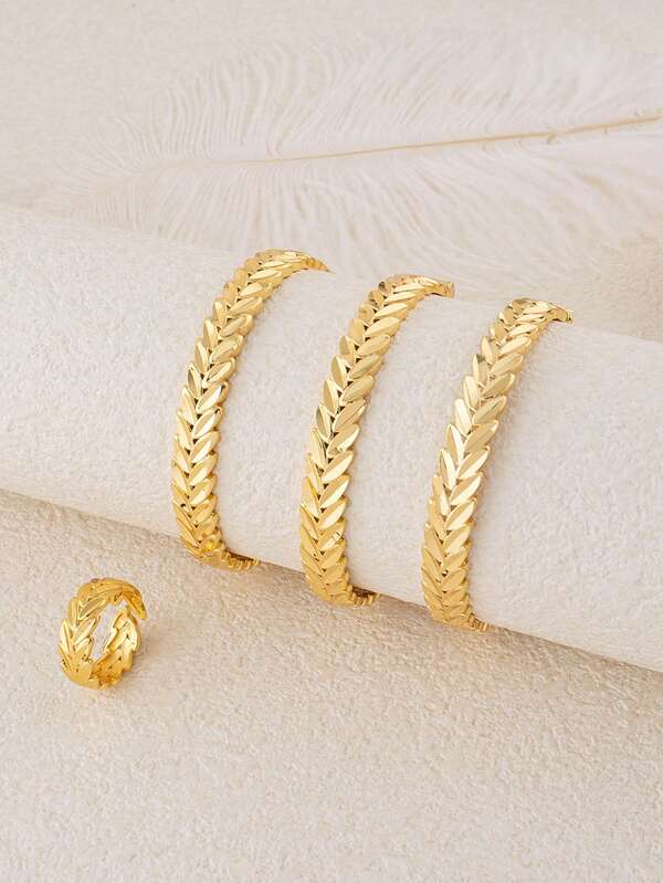 Women 4Pcs Wheat Leaf 24K Gold Plated Bangle Bracelet Ring Set Luxury Dubai African Stackable Bangles Boho Chic Bridal Wedding Daily Party Statement Fashion Jewelry Gift For Ladies