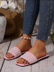 2026 New Flat Slide Sandals/Solid Color, Flat Design, Shiny Vamp, Exquisite Rhinestone Decor, Slip-On Style, Easy To Clean, Elegant & Refined, Fashion Versatile, Suitable For Daily Wear, Shopping, Dating, Vacation, Travel - Pink - View 6