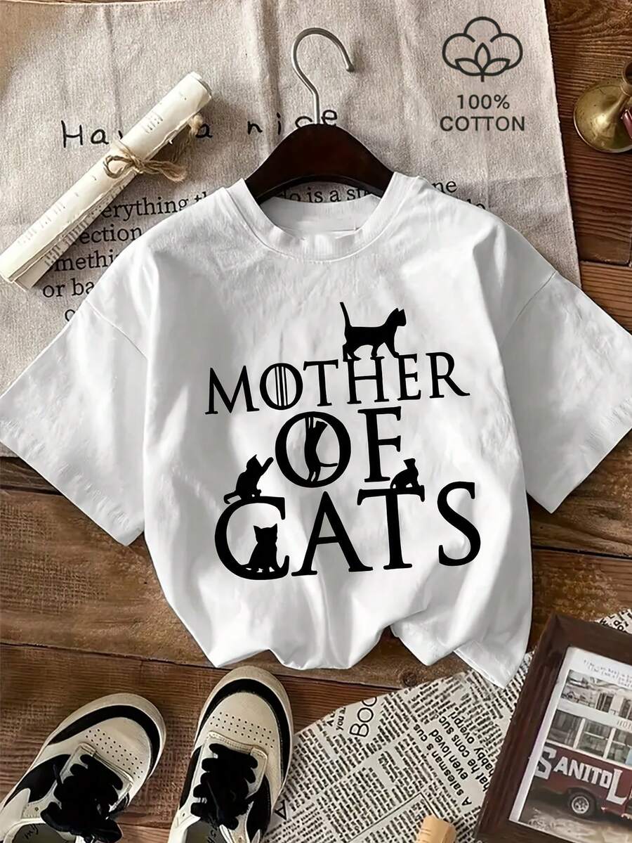 -Women's Casual Short-Sleeved Shirt - Graphic Print Of The Cat Era With Cat Silhouettes, White With Lettering, Washable Top For Spring And Summer. - White - View 1