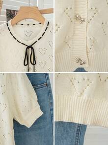 Elegant & Fashionable Short Knit Cardigan, Tie-Front Design, Textured Fabric, Suitable For School, Vacation, Commute, And Dates, Spring/Summer - Apricot - View 7