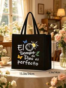 黑色亚麻两件套手提包，配手提绳 | “El-Tiempo”字母印花帆布单肩包 | 大容量购物袋，纽扣封口 | 母亲节、父亲节、教师节、毕业季、伴娘婚礼礼物 | 春季花园派对、海滩度假 - 彩色 - 查看 6