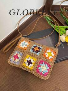 GLOBELLE 手工钩编草编斜挎包，色彩缤纷的祖母方格波西米亚风编织单肩包，轻便夏季沙滩手提包，配有可调节皮革肩带，波西米亚风休闲手提包，适合女士度假旅行 - 卡其色 - 查看 8