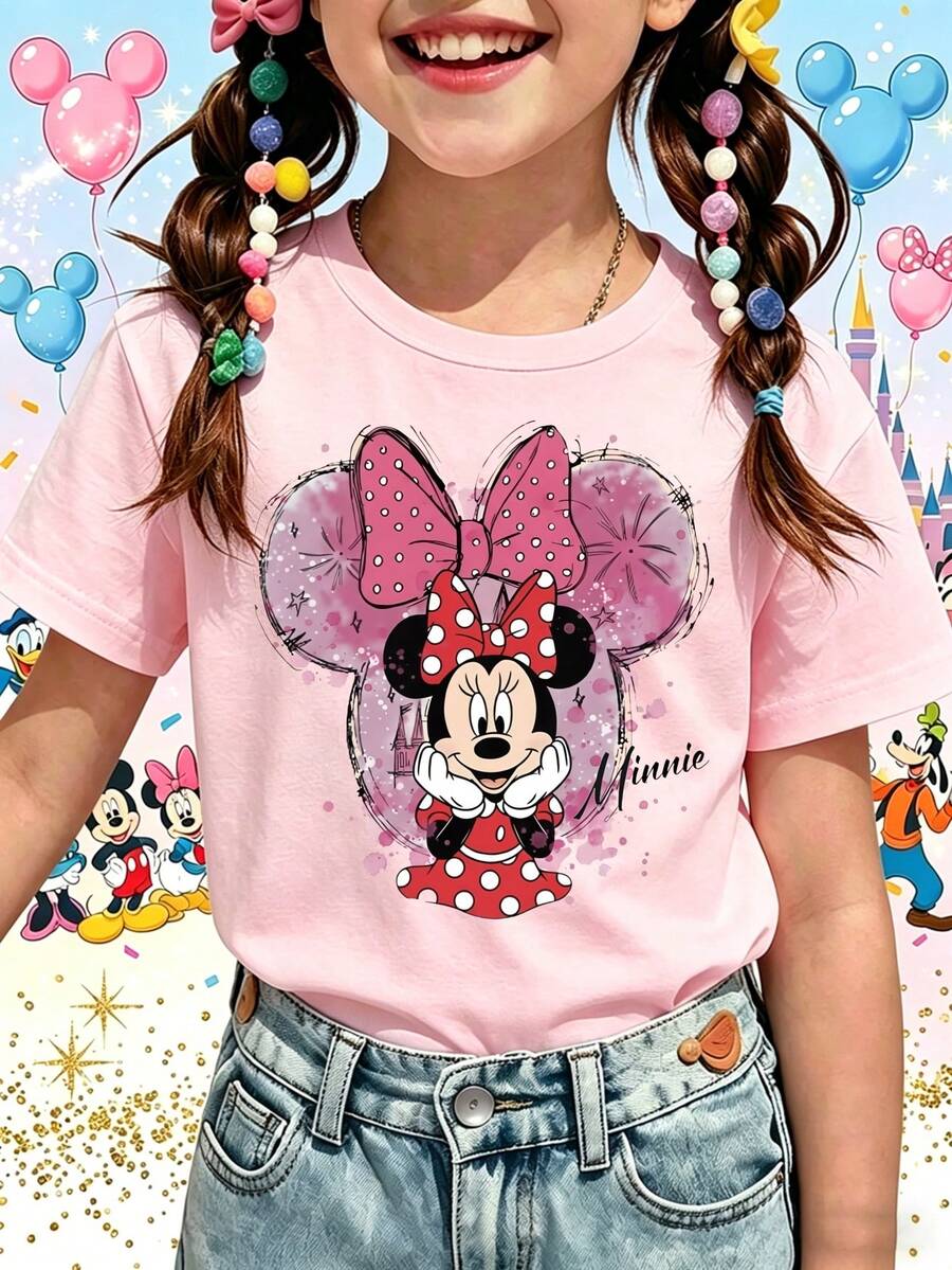 Disney Girls' Summer T-Shirt, 2026 New Minnie Mouse With Pink Bow  Printed Short Sleeved T-Shirt, Skin Friendly And Non Irritating, Sweat Absorbent And Breathable, Not Easy To Pill, Not Easily Deformed After Washing, Suitable For Disney Amusement Park Travel, Outdoor Play, Birthday Parties. - 粉色 - 查看 1