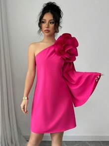 Elegante vestido rojo con diseño floral 3D para fiestas navideñas, citas y cenas de mujeres - Rojo - Ver 6