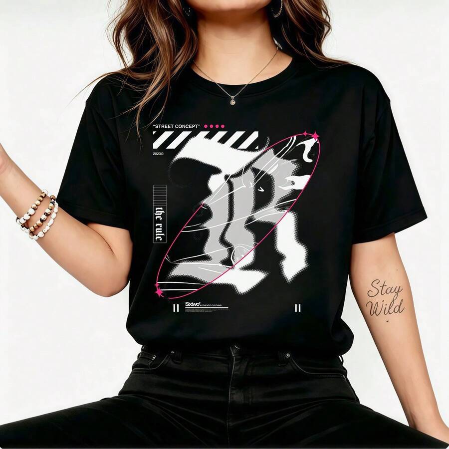 Street The Rule Sixtwo Authentische Kleidung Abstraktes Halbton-Verlauf Graffiti Rosa Neon Rahmen Urban Hip Hop Streetwear Grafik Bedrucktes Baumwoll-Unisex-Freizeit-T-Shirt. - Schwarz - Übersicht 1