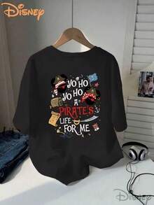 Ladies' Short-Sleeved  Disney Pirate Mickey Cartoon Two Prints T-Shirt |   100%, Ideal For Parties And Home Wear, Exclusive For Disneyland, Recommended For Spring And Summer - 黑色 - 查看 2