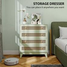 Chest Of Drawers 4-Drawer Storage Organiser Unit With Rattan Element For Bedroom Living Room Light Green - Green - View 5