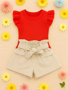 Children's And Teen Set: Cropped Blouse With Ruffles And Ribbed Detail + Linen Clochard Shorts. 2-Piece Set For Girls And Teenagers CJI033 - 裸色和紅色 - 查看 1