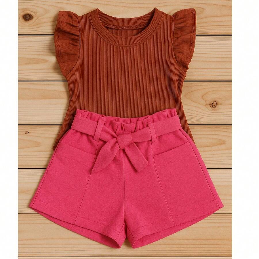 Children's And Teen Set: Cropped Blouse With Ruffles And Ribbed Detail + Linen Clochard Shorts. 2-Piece Set For Girls And Teenagers CJI033 - 粉紅色和焦糖色 - 查看 1