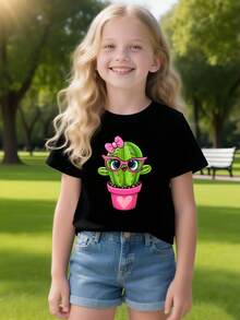 Unisex Kids' Crew Neck T-Shirt, Cactus Cutie Carnival Design | Pink Glasses And Bow Design | Puncture-Proof Breeze Fabric | Ready For Desert Adventure | Unique Gift For Little Sun Explorers. Girls' T-Shirts. Kids' Clothing. Everyday Wear. Matching Family Outfits. - 黑色 - 查看 5