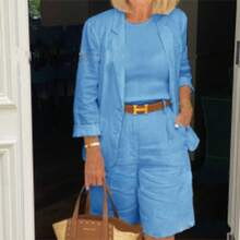 2026 Womens White Linen-Blend 3-Piece Set Blazer, Tank Top & Wide Leg Shorts Casual Workwear - 藍色 - 查看 6