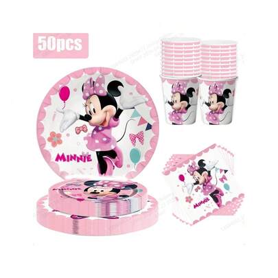 Disney 米妮粉色主题派对用品套装，包含加厚圆形纸盘、纸杯和餐巾纸，卡通风格一次性餐具，适合儿童生日派对和家庭节日庆祝活动。