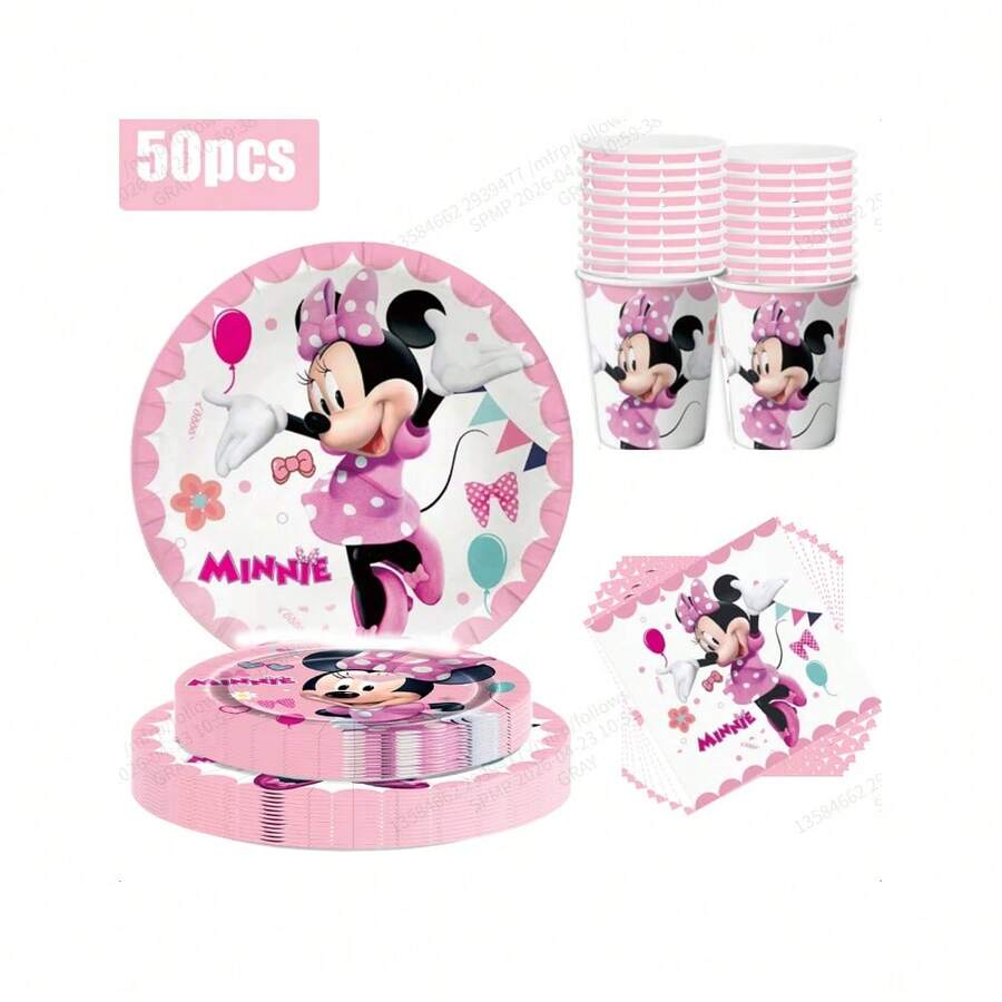 Disney Bộ đồ dùng tiệc chủ đề Minnie Mouse màu hồng, bao gồm đĩa giấy tròn dày, cốc giấy và khăn giấy, bộ đồ ăn dùng một lần kiểu hoạt hình, thích hợp cho tiệc sinh nhật trẻ em và các buổi lễ kỷ niệm gia đình. - Nhiều màu - Xem 1