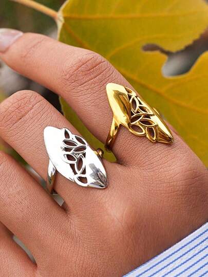 Uself Bộ 2 chiếc/1 chiếc nhẫn hình hoa sen rỗng bằng thép không gỉ 304 mạ vàng 18K, nhẫn hở hai màu được đánh bóng, phong cách thời trang cá tính, có thể đeo chồng lên nhau, trang sức đeo ngón tay, thích hợp cho phụ nữ đeo hàng ngày, dự tiệc, làm quà tặng Ngày Nhà giáo, Ngày của Mẹ.
