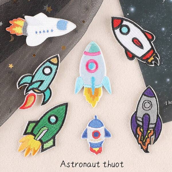 7pcs Rocket Embroidered Patches, Iron-On Appliques For Bags, Clothes, Hats