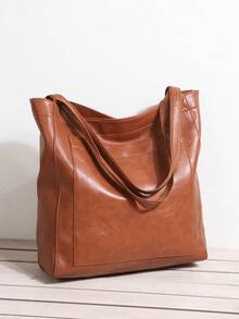 Bolso de tote de gran capacidad, bolso de mano de cuero sintético retro con bolsillo delantero, adecuado para el trabajo y los viajes - Marrón - Ver 2