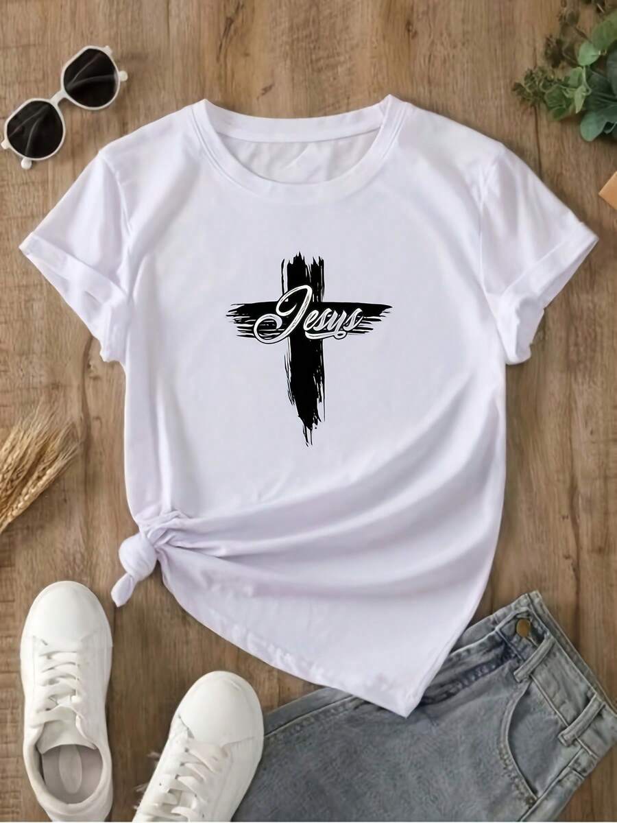 Camiseta de manga corta de cuello redondo de mujer casual con impresión de alfabetos | De moda y versátil parrimavera/verano/otoño