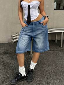 女士夏季做旧牛仔短裤，复古水洗，宽松直筒裤型，侧边口袋，及膝百慕大短裤，适合日常休闲穿着 - 藍色 - 查看 3